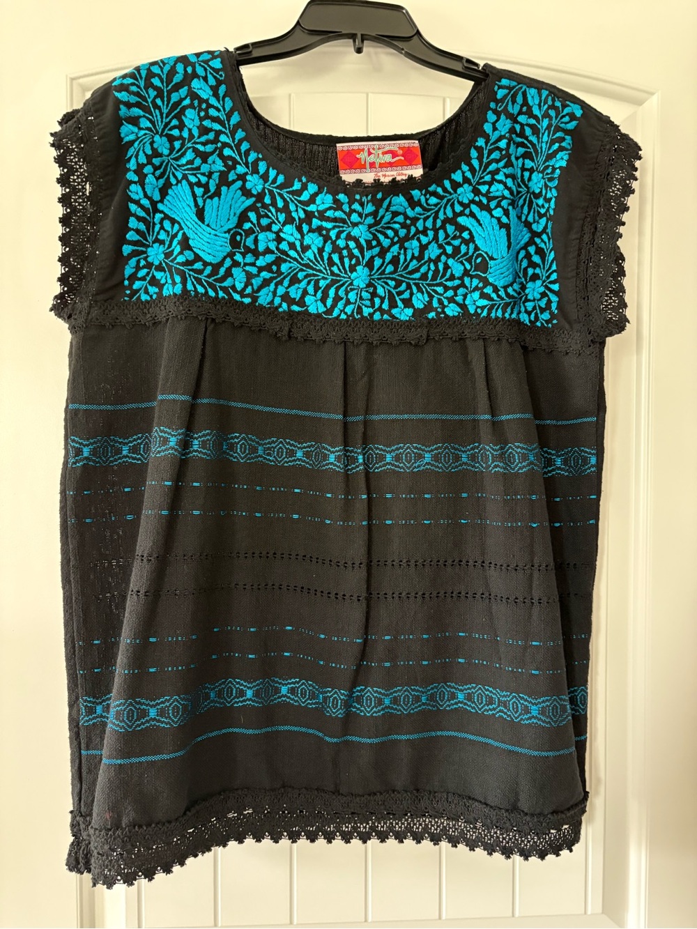 Nativa Handmade in Mexico Black Shirt with Blue Embroidery, Stunning Top! Med-Lg